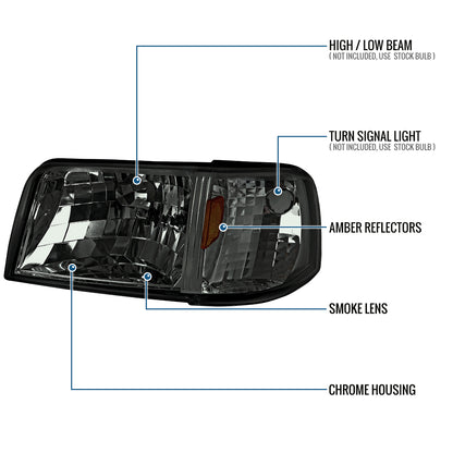 1993-1997 Ford Ranger  Replacement Headlights + Corner Turn Signal Lights Assembly Pair | Smoke