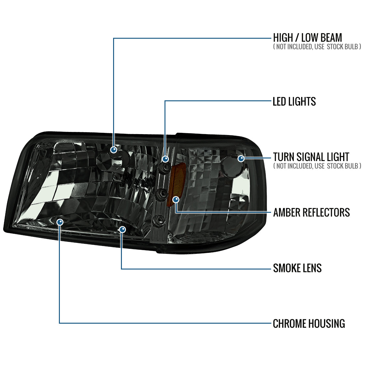 1993-1997 Ford Ranger Upgrade LED Lights Headlights + Corner Turn Signal Lights Assembly Pair | Smoke
