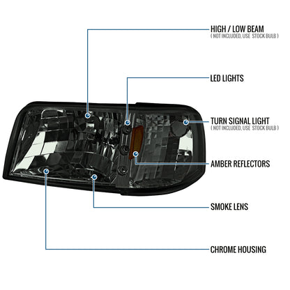 1993-1997 Ford Ranger Upgrade LED Lights Headlights + Corner Turn Signal Lights Assembly Pair | Smoke