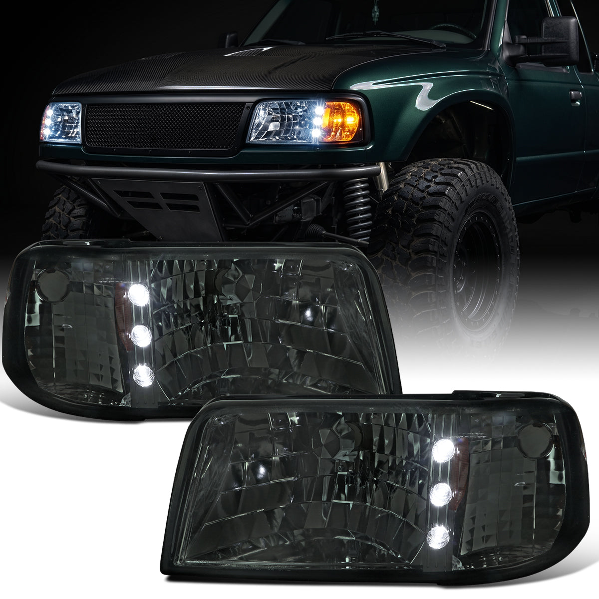1993-1997 Ford Ranger Upgrade LED Lights Headlights + Corner Turn Signal Lights Assembly Pair | Smoke