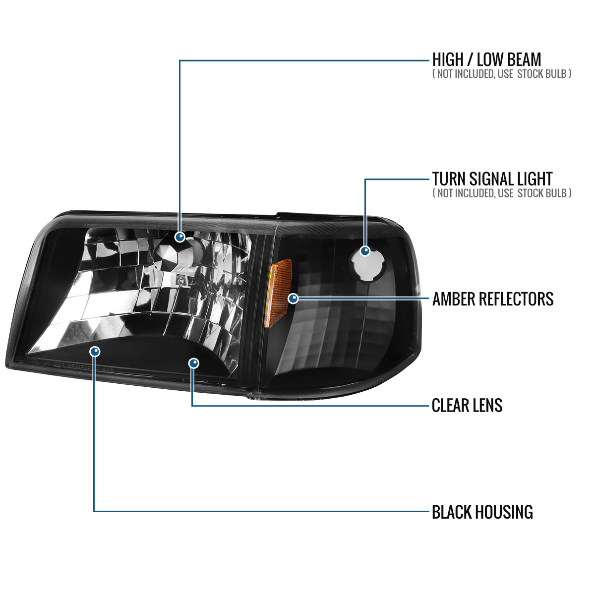 1993-1997 Ford Ranger  Replacement Headlights + Corner Turn Signal Lights Assembly Pair | Black