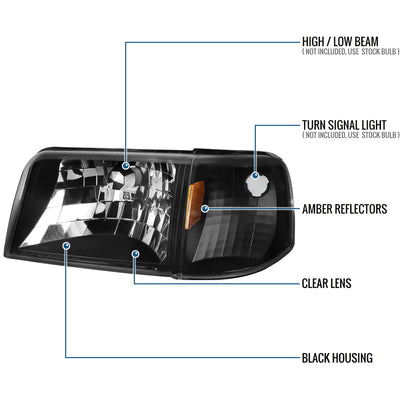 1993-1997 Ford Ranger  Replacement Headlights + Corner Turn Signal Lights Assembly Pair | Black