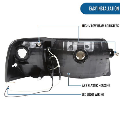 1993-1997 Ford Ranger Upgrade LED Lights Halogen Headlights + Corner Turn Signal Lights Assembly Pair | Black