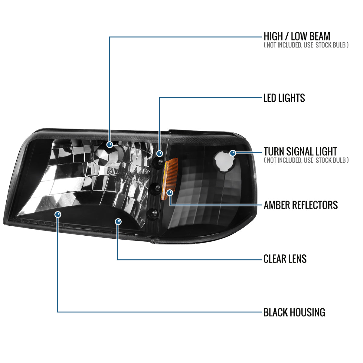 1993-1997 Ford Ranger Upgrade LED Lights Halogen Headlights + Corner Turn Signal Lights Assembly Pair | Black