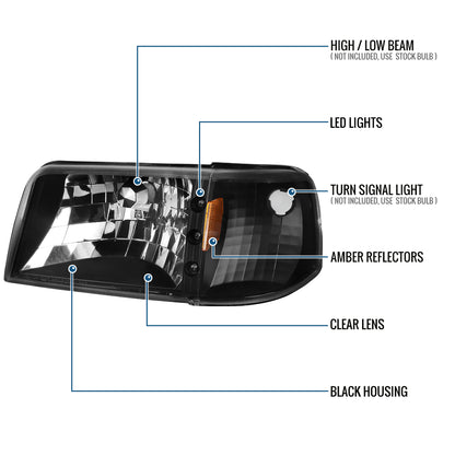 1993-1997 Ford Ranger Upgrade LED Lights Halogen Headlights + Corner Turn Signal Lights Assembly Pair | Black
