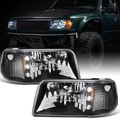 1993-1997 Ford Ranger Upgrade LED Lights Halogen Headlights + Corner Turn Signal Lights Assembly Pair | Black
