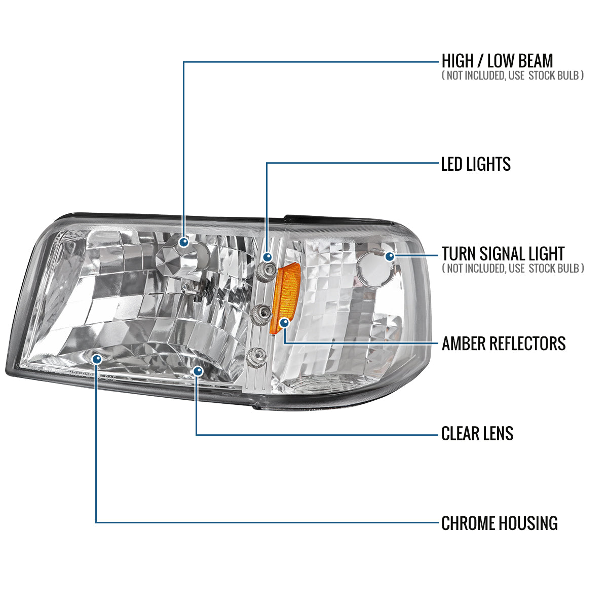 1993-1997 Ford Ranger Upgrade LED Lights Headlights + Corner Turn Signal Lights Assembly Pair | Chrome