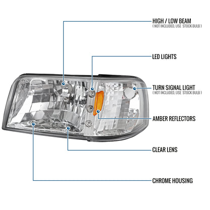 1993-1997 Ford Ranger Upgrade LED Lights Headlights + Corner Turn Signal Lights Assembly Pair | Chrome