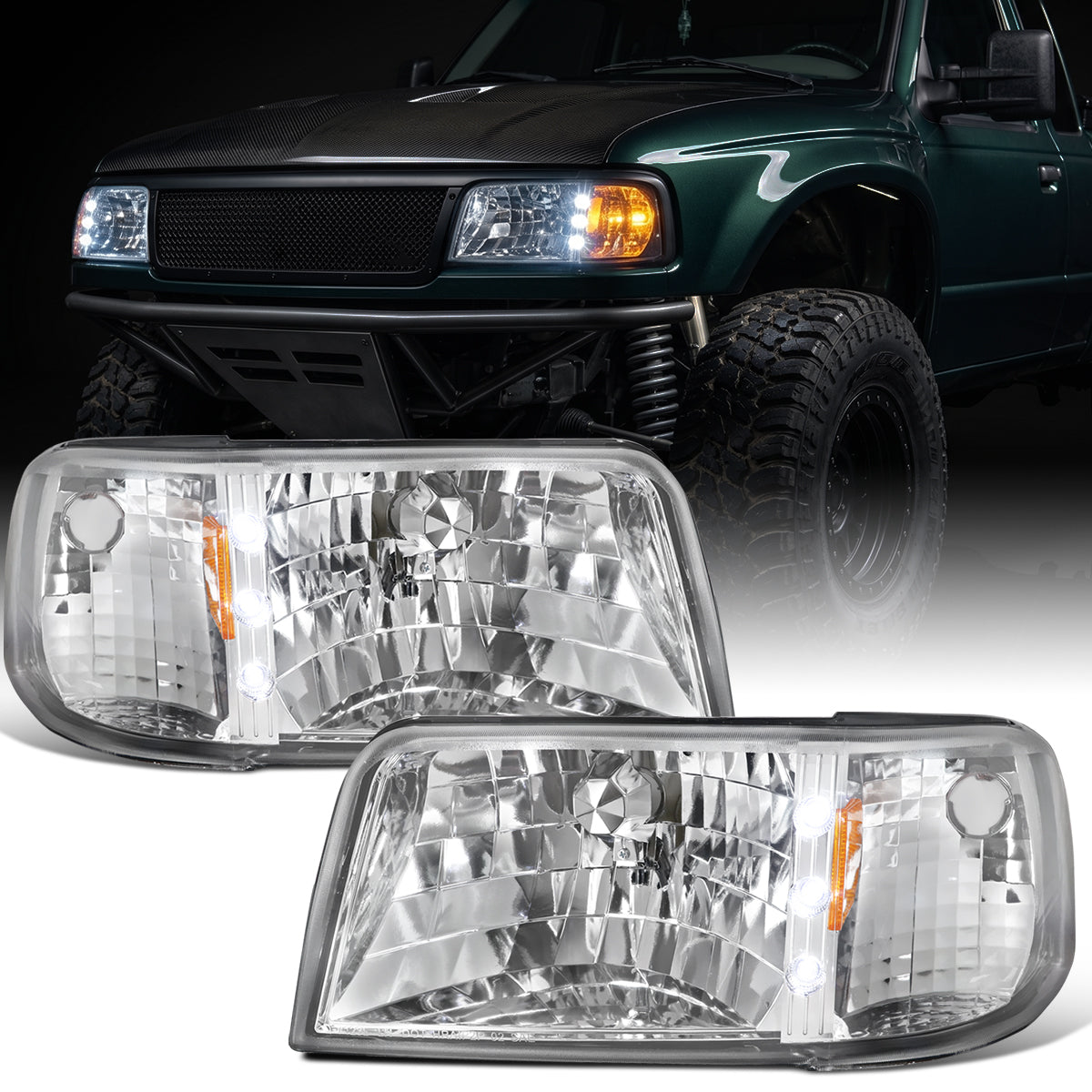 1993-1997 Ford Ranger Upgrade LED Lights Headlights + Corner Turn Signal Lights Assembly Pair | Chrome