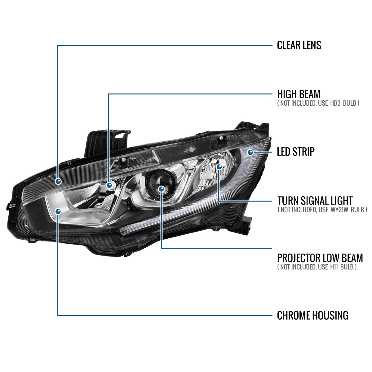 Ronnin - Se adapta a Honda Civic de 2016-2021, faros delanteros con proyector tipo tubo LED halógeno, par de ensamblajes | Cromado