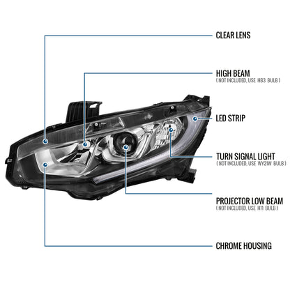 Ronnin - Se adapta a Honda Civic de 2016-2021, faros delanteros con proyector tipo tubo LED halógeno, par de ensamblajes | Cromado