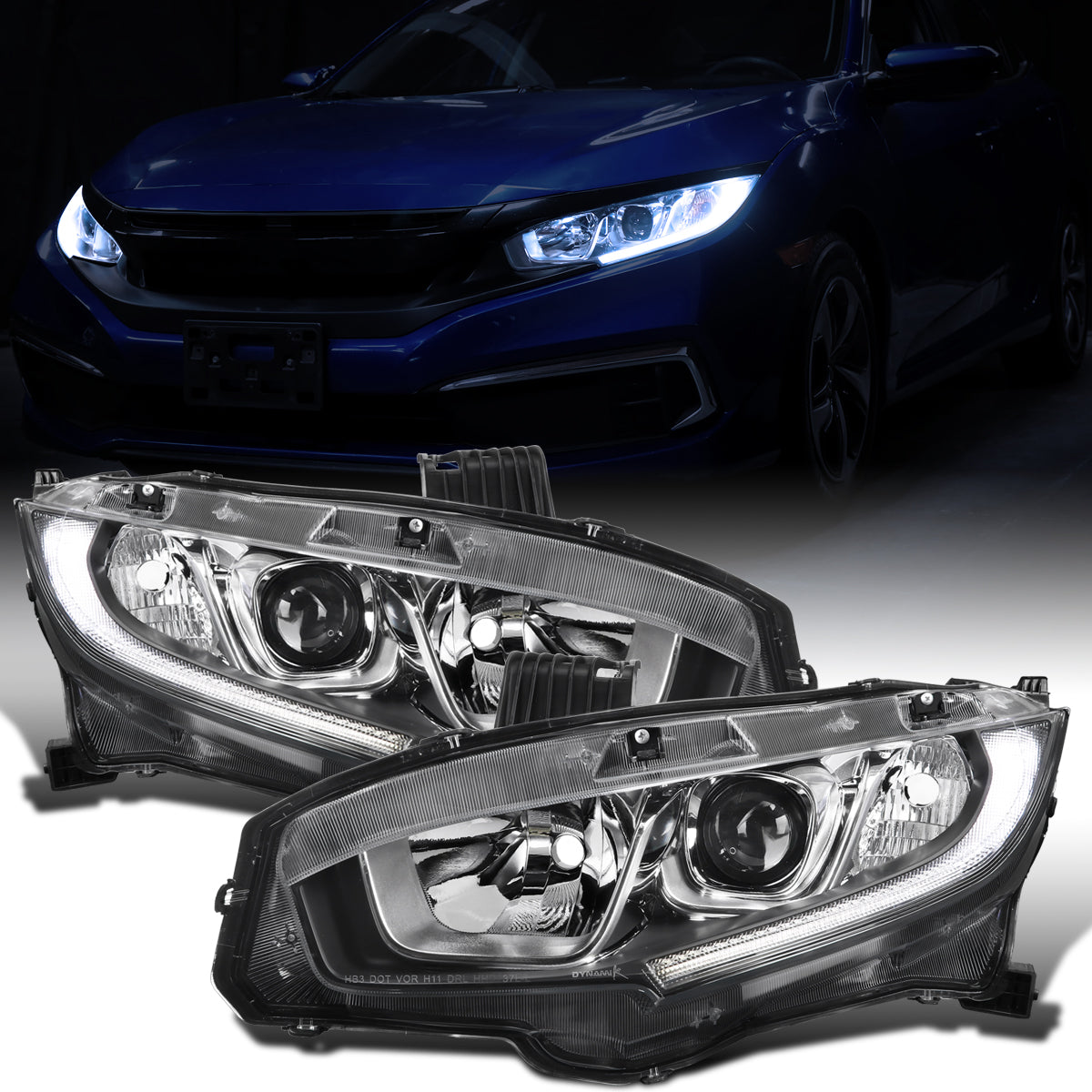 Ronnin - Se adapta a Honda Civic de 2016-2021, faros delanteros con proyector tipo tubo LED halógeno, par de ensamblajes | Cromado
