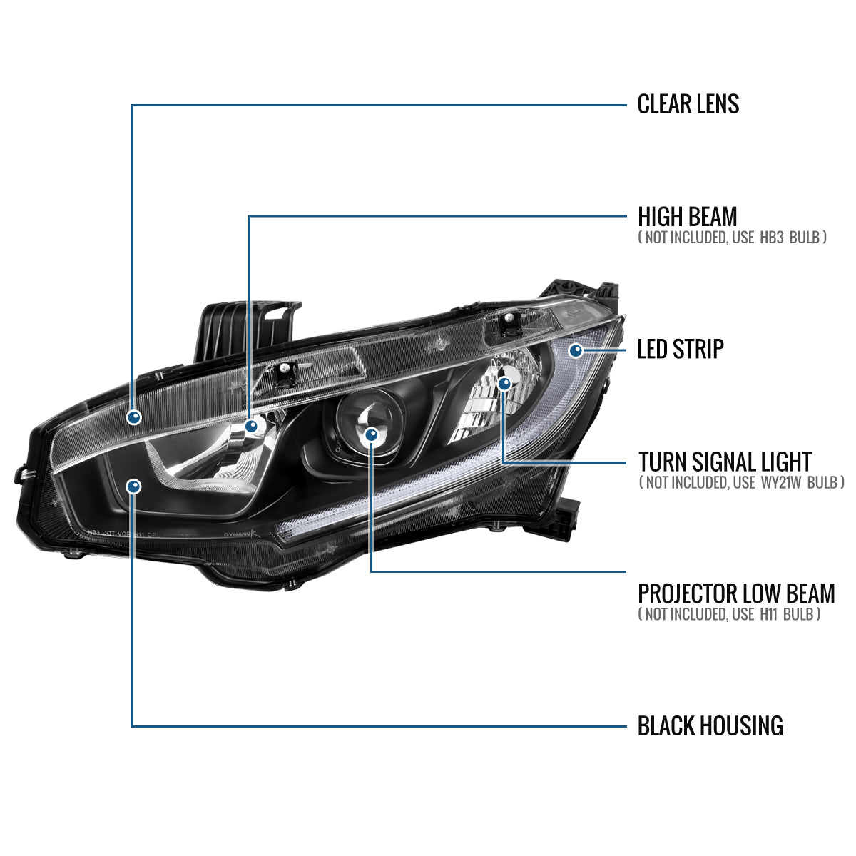 Ronnin - Faros delanteros tipo proyector de tubo LED para Honda Civic 2016-2021 | Negro