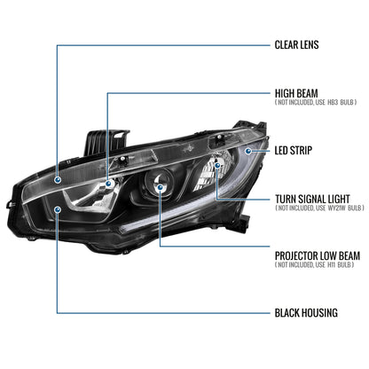 Ronnin - Faros delanteros tipo proyector de tubo LED para Honda Civic 2016-2021 | Negro