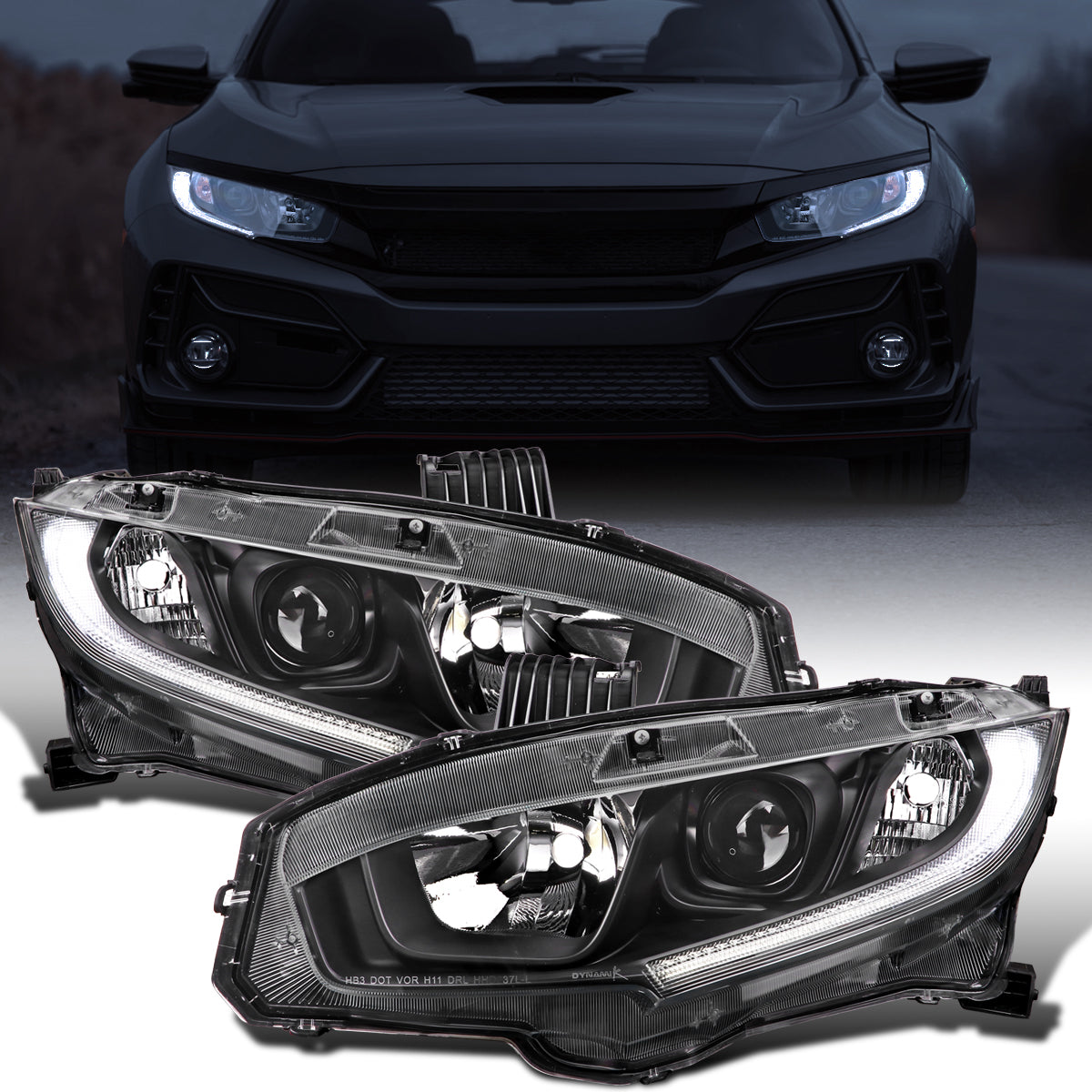 Ronnin - Faros delanteros tipo proyector de tubo LED para Honda Civic 2016-2021 | Negro