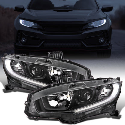 Ronnin - Faros delanteros tipo proyector de tubo LED para Honda Civic 2016-2021 | Negro