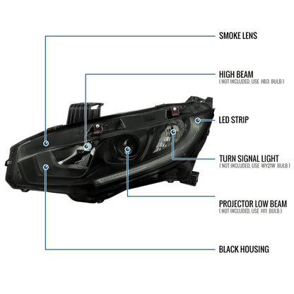 Ronnin - Se adapta a Honda Civic Halógeno Tipo LED Tubo Proyector Faros Montaje Par 2016-2021 | Negro Ahumado