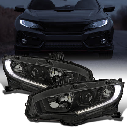 Ronnin - Se adapta a Honda Civic Halógeno Tipo LED Tubo Proyector Faros Montaje Par 2016-2021 | Negro Ahumado
