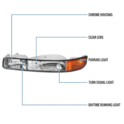 Ronnin - Fits 1999-2007 GMC Sierra 1500 2500 3500 Bumper Lights Replacement Turn Signals Parking Lamps Assembly Pair | Chrome