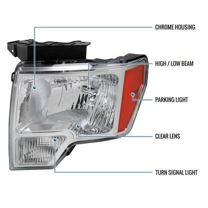 Ronnin - Fits 2009-2014 Ford F150 Pickup Truck Factory Replacement Halogen Headlights Assembly Pair | Chrome