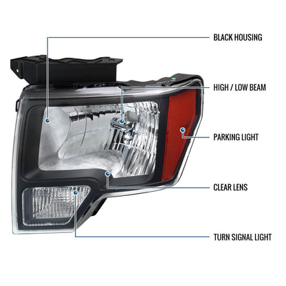 Ronnin - Fits 2009-2014 Ford F150 Pickup Truck Factory Replacement Halogen Headlights Assembly Pair | Black