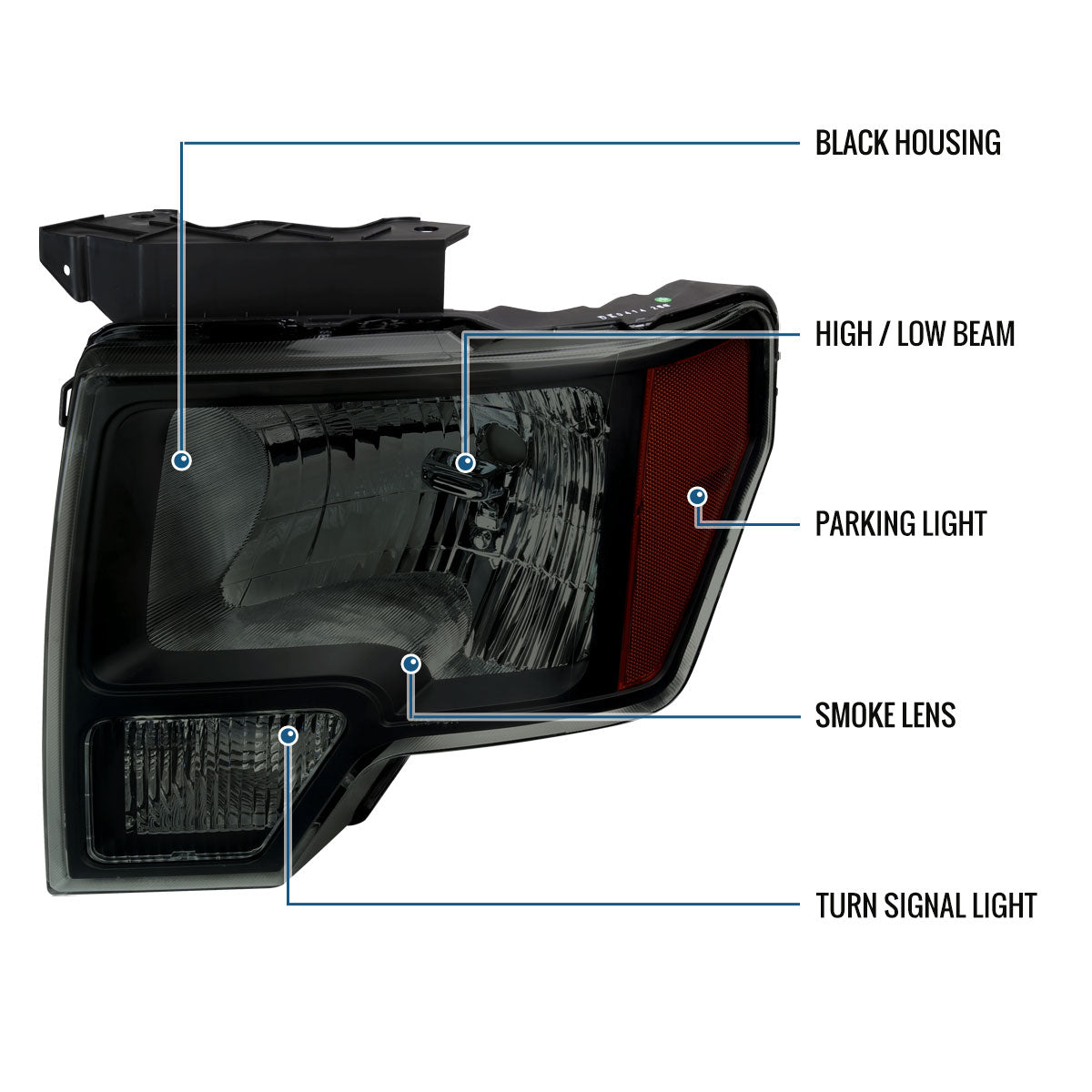 Ronnin - Fits 2009-2014 Ford F150 Pickup Truck Factory Replacement Halogen Headlights Assembly Pair | Black Smoke