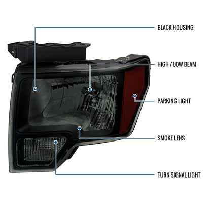 Ronnin - Fits 2009-2014 Ford F150 Pickup Truck Factory Replacement Halogen Headlights Assembly Pair | Black Smoke