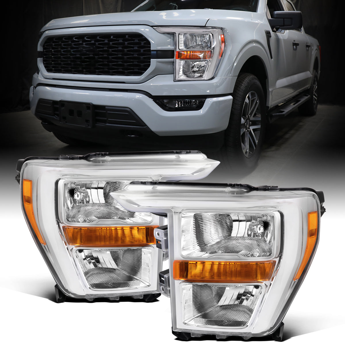 Ronnin - Fits 2021-2023 Ford F150 Halogen Headlights Factory Stock Replacement Assembly Pair | Chrome