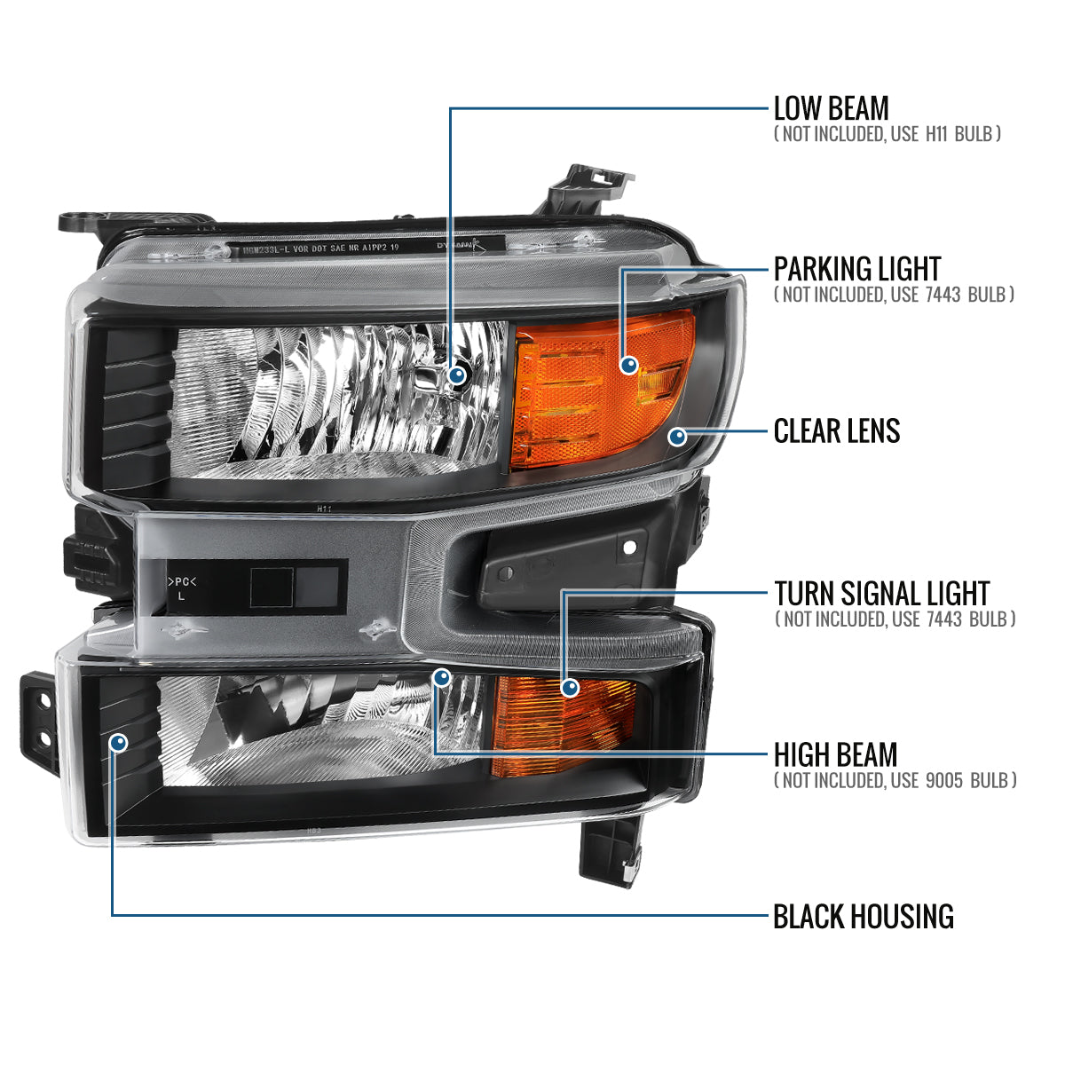 Ronnin - Fits 2019-2021 Chevy Silverado 1500 2022 Silverado 1500 LTD Factory Replacement Halogen Headlights Assembly Pair | Black