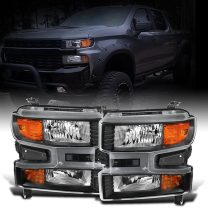 Ronnin - Fits 2019-2021 Chevy Silverado 1500 2022 Silverado 1500 LTD Factory Replacement Halogen Headlights Assembly Pair | Black