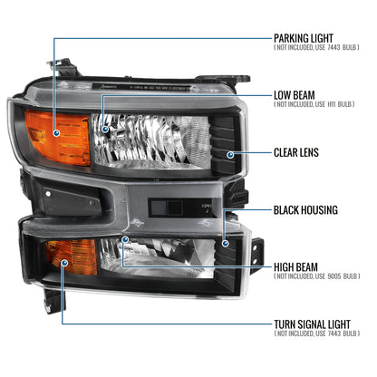 Ronnin - Fits 2019-2021 Chevy Silverado 1500 2022 Silverado 1500 LTD Factory Replacement Halogen Headlights Assembly Pair | Right Passenger Side | Black