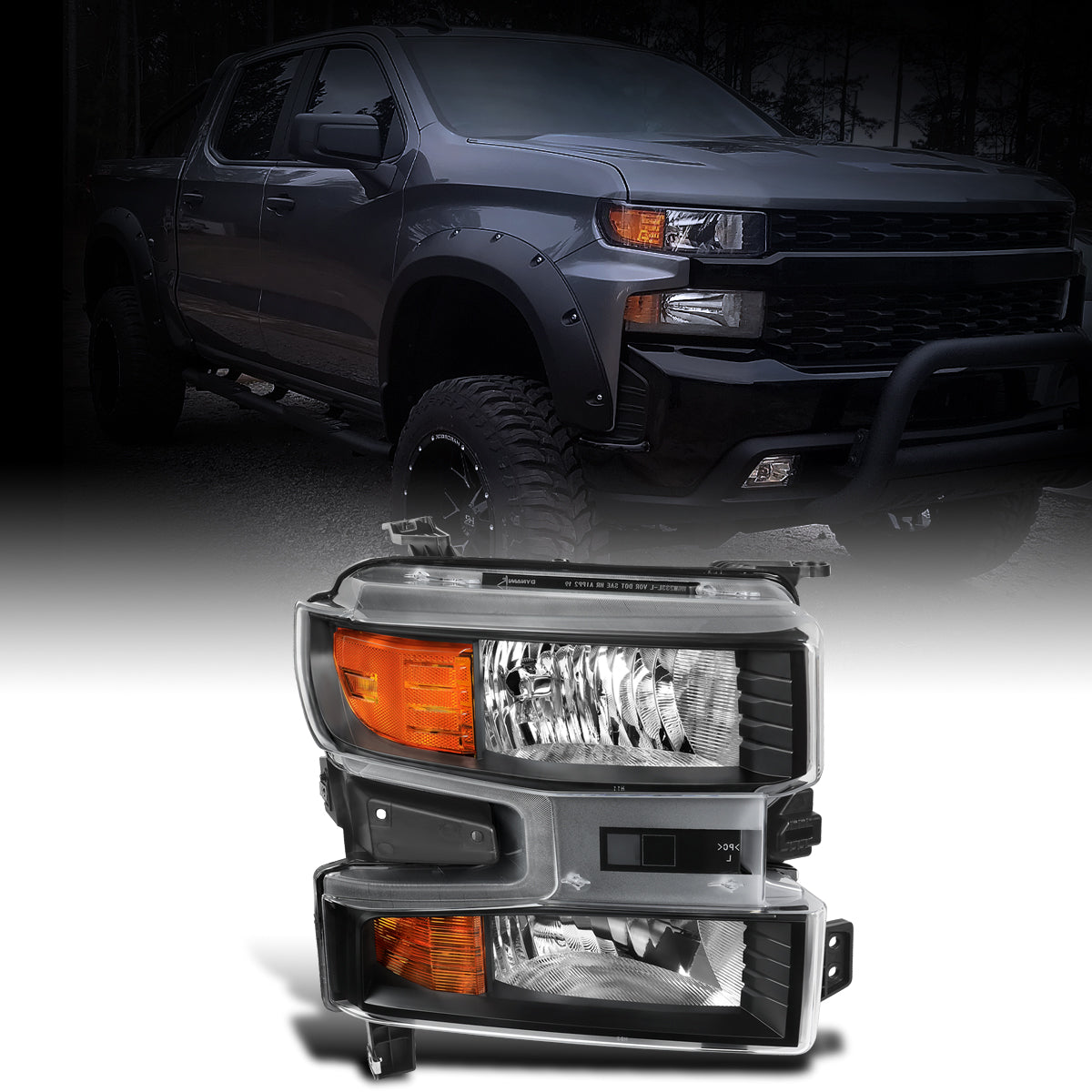 Ronnin - Fits 2019-2021 Chevy Silverado 1500 2022 Silverado 1500 LTD Factory Replacement Halogen Headlights Assembly Pair | Right Passenger Side | Black