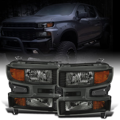 Ronnin - Fits 2019-2021 Chevy Silverado 1500 2022 Silverado 1500 LTD Factory Replacement Halogen Headlights Assembly Pair | Black Smoke