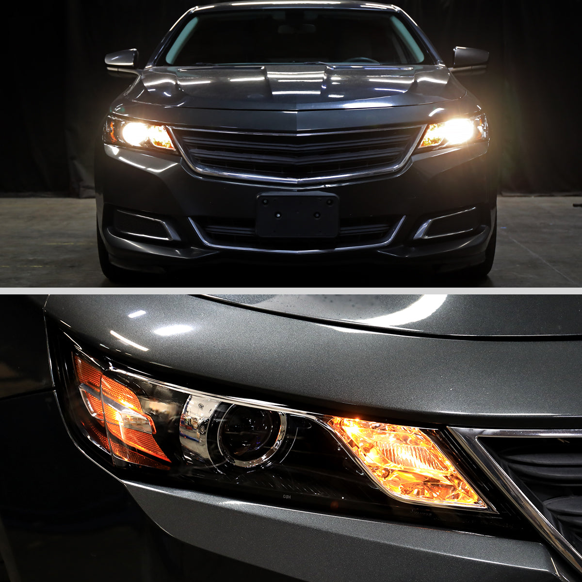 Ronnin - Compatible con Chevy Impala 2014-2020 Par de ensamblajes de faros delanteros con proyector halógeno de repuesto | Negro brillante