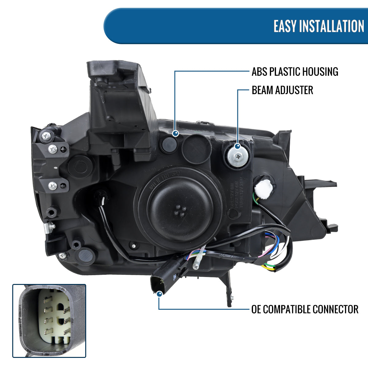 Ronnin - Compatible con Chevy Impala 2014-2020 Par de ensamblajes de faros delanteros con proyector halógeno de repuesto | Negro brillante