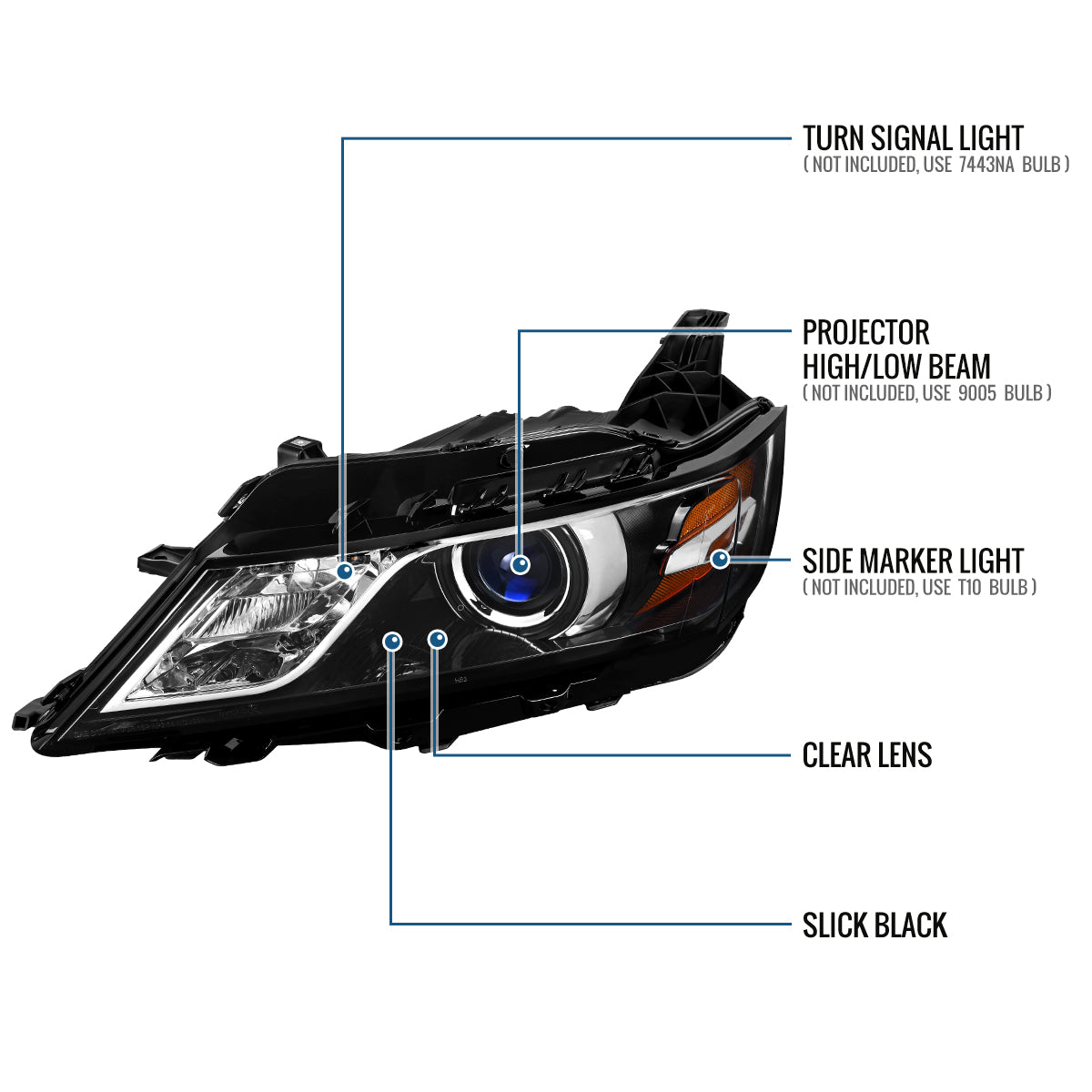 Ronnin - Compatible con Chevy Impala 2014-2020 Par de ensamblajes de faros delanteros con proyector halógeno de repuesto | Negro brillante