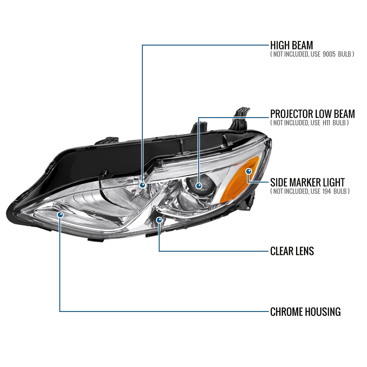 Ronnin - Fits 2019-2024 Chevy Malibu Halogen Projector Headlights Factory Replacement Assembly Pair | Chrome