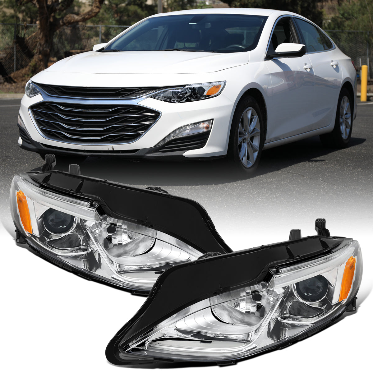 Ronnin - Fits 2019-2024 Chevy Malibu Halogen Projector Headlights Factory Replacement Assembly Pair | Chrome