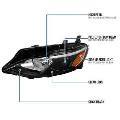 Ronnin - Fits 2019-2024 Chevy Malibu Halogen Projector Headlights Factory Replacement Assembly Pair | Glossy Black