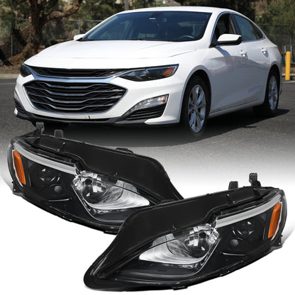 Ronnin - Fits 2019-2024 Chevy Malibu Halogen Projector Headlights Factory Replacement Assembly Pair | Glossy Black