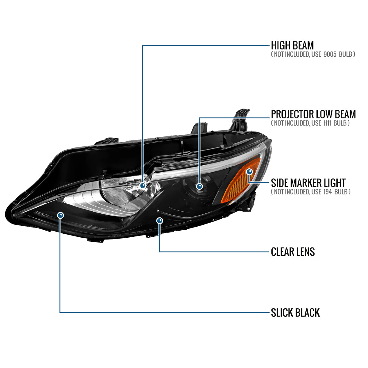 Ronnin - Fits 2019-2024 Chevy Malibu Halogen Projector Headlights Factory Replacement Assembly | Left Driver Side | Glossy Black