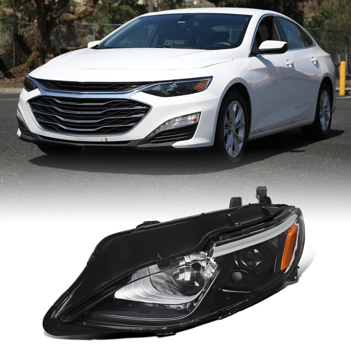 Ronnin - Fits 2019-2024 Chevy Malibu Halogen Projector Headlights Factory Replacement Assembly | Left Driver Side | Glossy Black