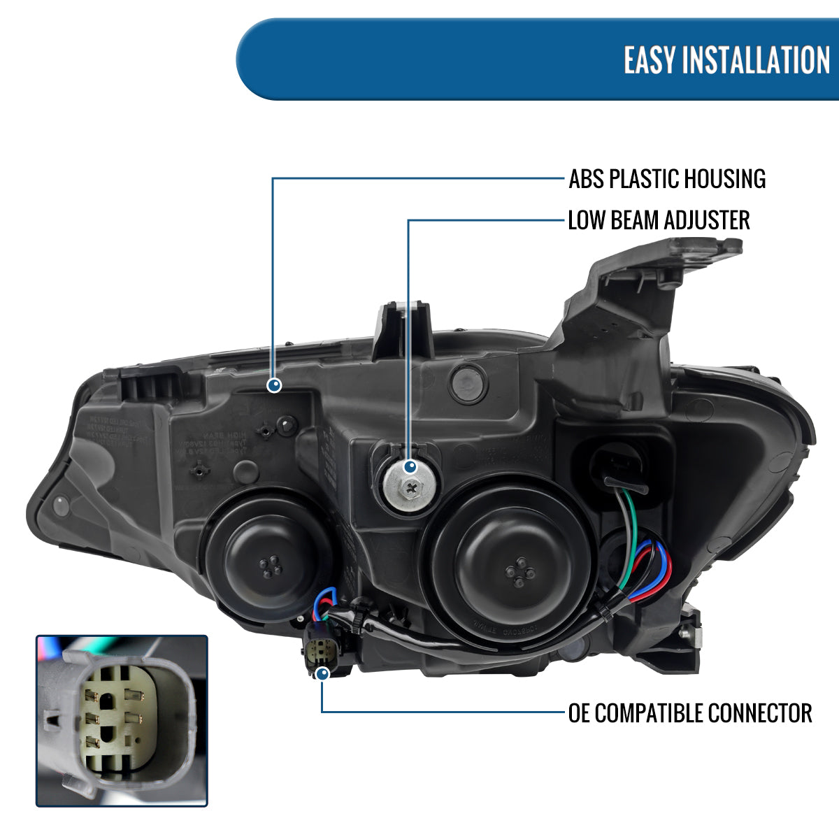 Ronnin - Fits 2019-2024 Chevy Malibu Halogen Projector Headlights Factory Replacement Assembly | Right Passenger Side | Glossy Black