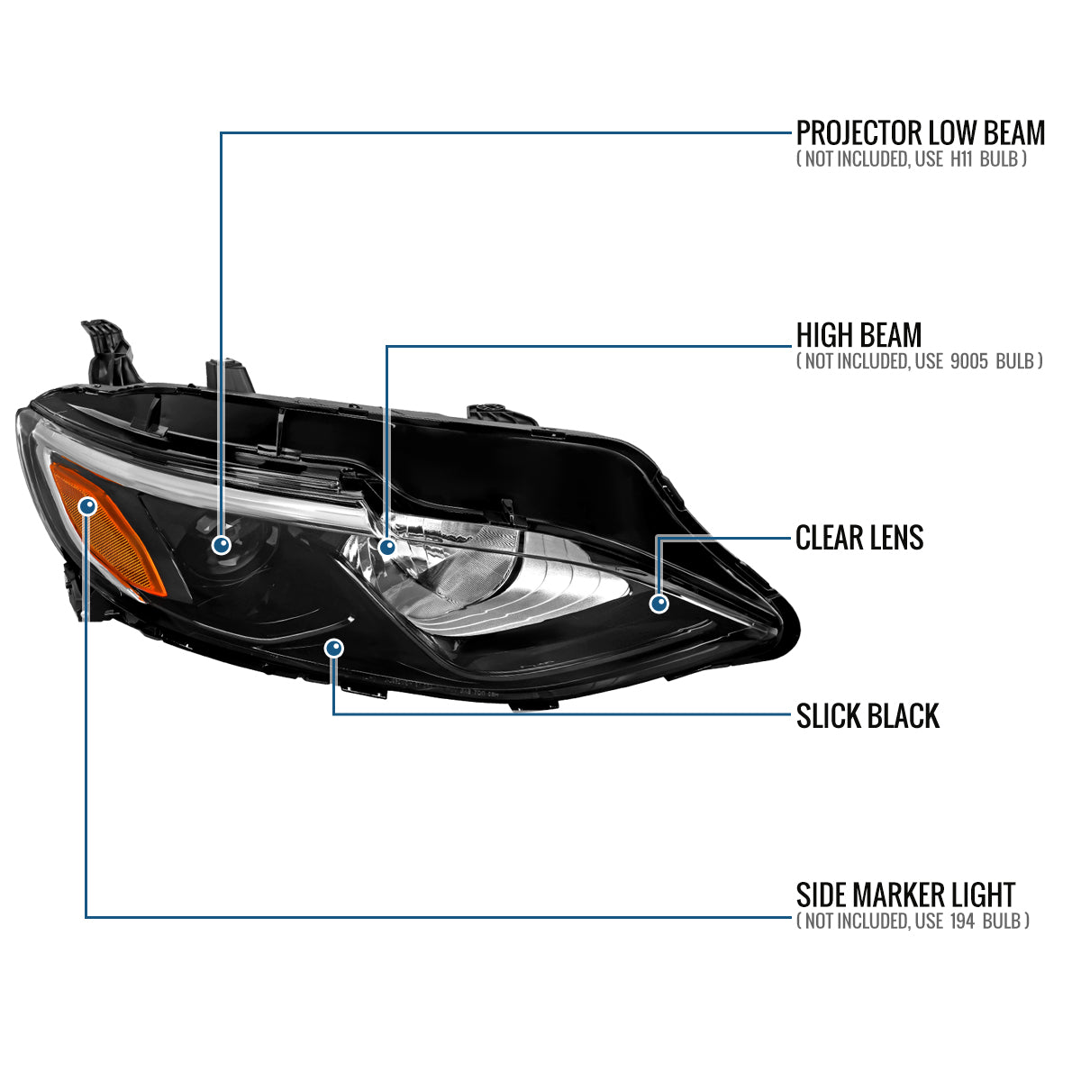 Ronnin - Fits 2019-2024 Chevy Malibu Halogen Projector Headlights Factory Replacement Assembly | Right Passenger Side | Glossy Black
