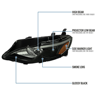 Ronnin - Fits 2019-2024 Chevy Malibu Halogen Projector Headlights Factory Replacement Assembly Pair | Black Smoke