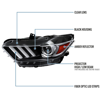 2015-2022 Ford Mustang Coupe Convertible HID Xenon Projector Headlights  Replacement Assembly | Left Driver Side | Black