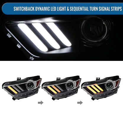Ronnin - Fits 2015-2022 Ford Mustang Coupe Convertible Upgraded HID Xenon Projector Headlights Switchback Sequential Turn Signals + Animated Startup Effect Assembly Pair | Black