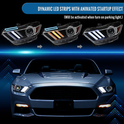 Ronnin - Fits 2015-2022 Ford Mustang Coupe Convertible Upgraded HID Xenon Projector Headlights Switchback Sequential Turn Signals + Animated Startup Effect Assembly Pair | Black