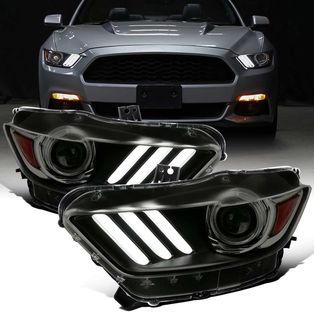 Ronnin - Fits 2015-2022 Ford Mustang Coupe Convertible HID Xenon Projector Headlights Factory Replacement Assembly Pair | Black  Smoke