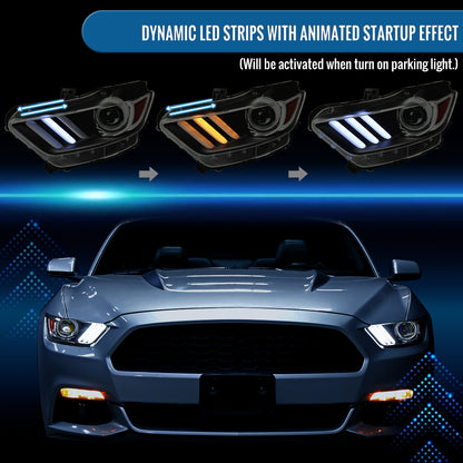 Ronnin - Fits 2015-2022 Ford Mustang Coupe Convertible Upgraded HID Xenon Projector Headlights Switchback Sequential Turn Signals + Animated Startup Effect Assembly Pair | Black Smoke